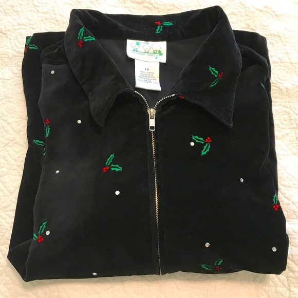 Vintage Quacker Factory blingy holiday jacket with embroidered holly leaves (1X) - Picture 1 of 16